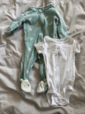 6 month Baby Easter Mint Bunny Footed One-Piece and White Bodysuit Set
